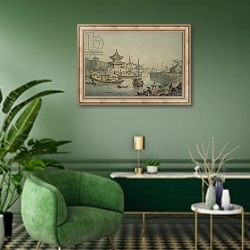 «Barges of Lord Macartney's Embassy to China» в интерьере гостиной в зеленых тонах
