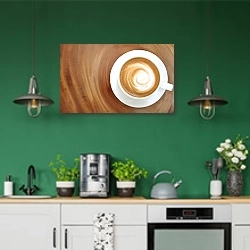 «Top view of hot coffee cappuccino on wood table» в интерьере кухни с зелеными стенами