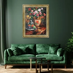 «STILL LIFE WITH FLOWERS 2 2» в интерьере зеленой гостиной над диваном