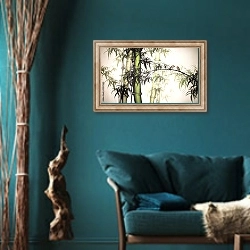 «Бамбуковые стволы и ветки» в интерьере зеленой гостиной в этническом стиле над диваном