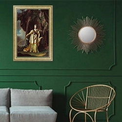 «Портрет Екатерины II 9» в интерьере классической гостиной с зеленой стеной над диваном