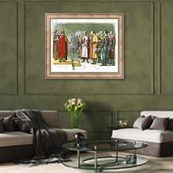 «King Henry III and his Parliament» в интерьере гостиной в оливковых тонах