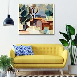 «Tessiner Häuser» в интерьере современной гостиной с желтым диваном