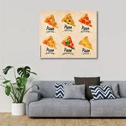 «Пицца разных видов» в интерьере гостиной в скандинавском стиле с серым диваном