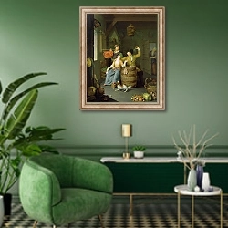 «Interior with a couple celebrating» в интерьере гостиной в зеленых тонах