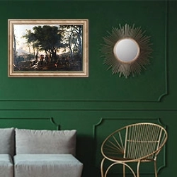 «Лес философов» в интерьере классической гостиной с зеленой стеной над диваном