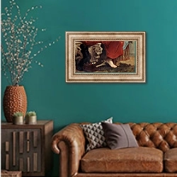 «Музыка и литература» в интерьере гостиной с зеленой стеной над диваном