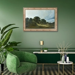 «Пейзаж с деревьями, домами и дорогой 2» в интерьере гостиной в зеленых тонах