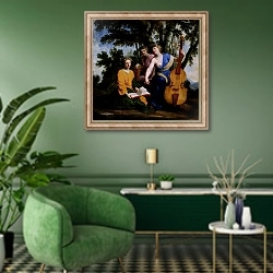 «The Muses Melpomene, Erato and Polymnia, 1652-55» в интерьере гостиной в зеленых тонах
