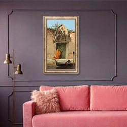 «Venice, at the gate of the Arco dell’Abbazia della Misericordia» в интерьере гостиной с розовым диваном