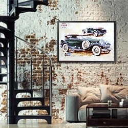 «Автомобили в искусстве 27» в интерьере двухярусной гостиной в стиле лофт с кирпичной стеной