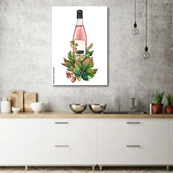 «Акварельная бутылка розового вина, украшенная виноградными листьями и ягодами» в интерьере современной кухни над раковиной