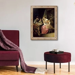 «Interior with a Painter and his Family, c.1670» в интерьере гостиной в бордовых тонах