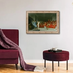 «Phryne Before the Jury, 1861» в интерьере гостиной в бордовых тонах