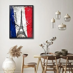 «Эйфелева башня, Париж, Франция на фоне флага» в интерьере столовой в стиле ретро
