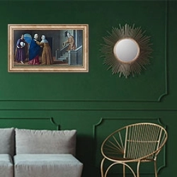 «Посещение» в интерьере классической гостиной с зеленой стеной над диваном
