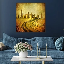 «Тоскана. Состаренное фото» в интерьере современной гостиной в синем цвете
