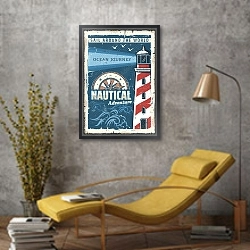 «Морской ретро-плакат с маяком» в интерьере в стиле лофт с желтым креслом