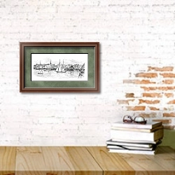 «Newburyport in Massachusetts, USA, vintage engraved illustration» в интерьере кабинета с кирпичными стенами над столом с книгами