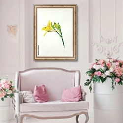 «Желтый акварельный цветок лилейника» в интерьере гостиной в стиле прованс над диваном