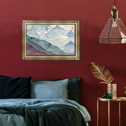 «Гора Колокола. Альбомный лист» в интерьере гостиной с зеленой стеной над диваном