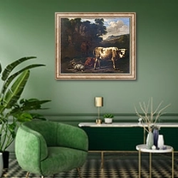 «Двое телят, овца и лошадь у руин» в интерьере гостиной в зеленых тонах