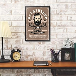 «Барбершоп, ретро-постер с бородатым мужчиной» в интерьере кабинета в стиле лофт над столом