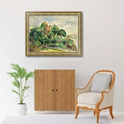 «Landscape 3» в интерьере классической гостиной с зеленой стеной над диваном