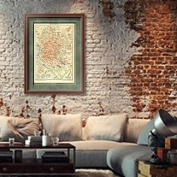 «План Мадрида» в интерьере гостиной в стиле лофт с кирпичной стеной