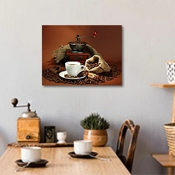 «Кофе натюрморт» в интерьере кухни над обеденным столом с кофемолкой