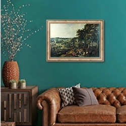 «Веселящиеся крестьяне» в интерьере гостиной с зеленой стеной над диваном