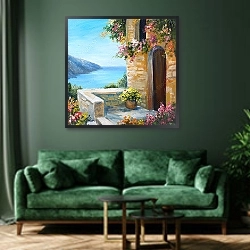 «Дом у моря» в интерьере классической гостиной с зеленой стеной над диваном