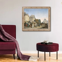«The House Movers, 1840» в интерьере гостиной в бордовых тонах