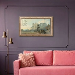 «Ludlow Castle, Shropshire, 1777» в интерьере гостиной с розовым диваном