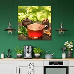 «Чай 5» в интерьере кухни с зелеными стенами