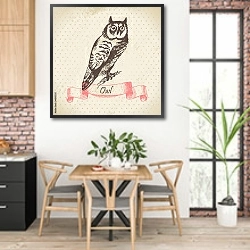 «Иллюстрация с совой» в интерьере кухни с кирпичными стенами над столом