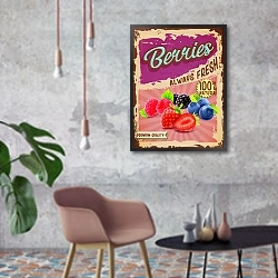 «Ретро плакат с лесными ягодами» в интерьере в стиле лофт с бетонной стеной
