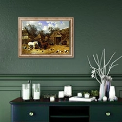 «The Artist's Farmyard at Meopham, Kent, with Horses, Shetland Ponies, Pigs, Ducks, Pigeons and Chickens, 1857» в интерьере прихожей в зеленых тонах над комодом