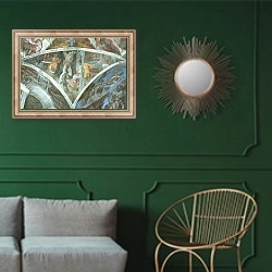 «Sistine Chapel Ceiling: Haman» в интерьере классической гостиной с зеленой стеной над диваном