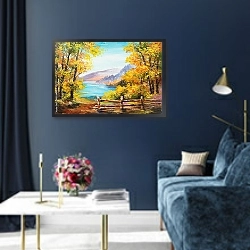 «Красочные осенние леса и горное озеро» в интерьере в классическом стиле в синих тонах