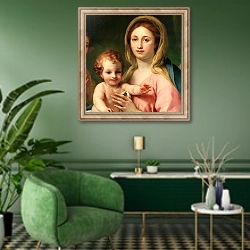 «Madonna and Child with Two Angels, 1770-73 2» в интерьере гостиной в зеленых тонах
