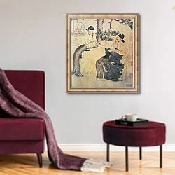 «An Ancient Chinese Poet, facsimile of original Chinese scroll» в интерьере гостиной в бордовых тонах