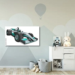 «Детский мультяшный гоночный автомобиль» в интерьере детской комнаты для мальчика с росписью на стенах