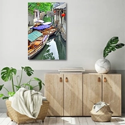 «Чжоучжуан, Туристический катер в деревенском канале» в интерьере современной комнаты над комодом