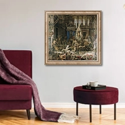 «Les Pretendants, 1862-98» в интерьере гостиной в бордовых тонах