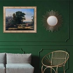 «Пейзаж с Кефалом и Прокрисом объединенными Дианой» в интерьере классической гостиной с зеленой стеной над диваном