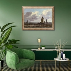«Весельные корабли на ветренной реке» в интерьере гостиной в зеленых тонах