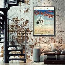 «Poster advertising the book 'La Vraie Clef des Songes' by Lacinius, 1892» в интерьере двухярусной гостиной в стиле лофт с кирпичной стеной