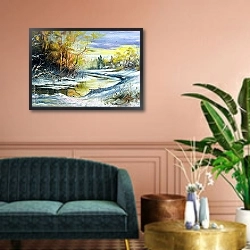 «Зимняя река в деревне» в интерьере классической гостиной над диваном