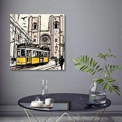 «Португалия, Лиссабон. Желтый трамвай №7» в интерьере современной гостиной в серых тонах